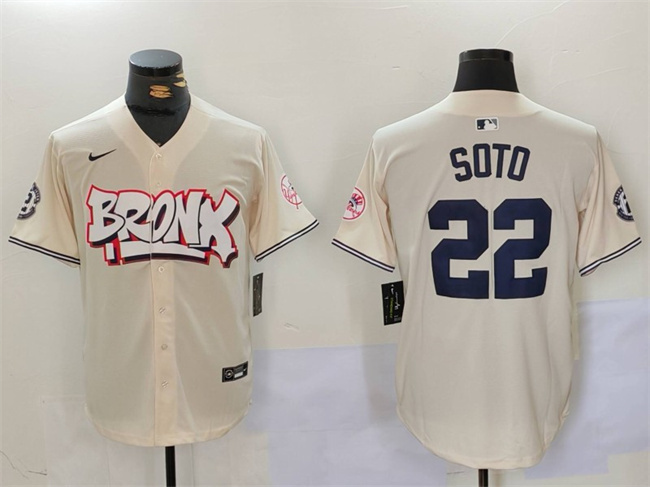 Men's New York Yankees #22 Juan Soto Cream Bronx Graffiti V2 Vapor Limited Stitched Baseball Jersey Men's New York Yankees #22 Juan Soto Cream Bronx Graffiti V2 Vapor Limited Stitched Baseball Jersey